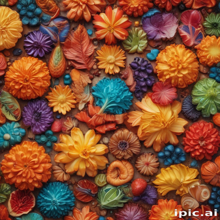 A Vibrant Arrangement of Colorful Flowers and Leaves in Various Textures