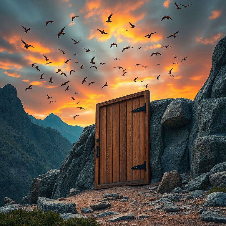 Create an image of a large wooden door set into a rocky mountain with a dramatic sunset sky filled with flocks of birds, shot with a DSLR camera at f/8 aperture, 1/250 sec shutter speed, ISO 100, 24mm focal length, high dynamic range for enhanced details and vivid colors.