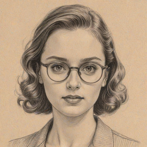 Enticing Maude Apatow, pencil sketch, portrait of Fetching woman 1953s in glasses, hair style beatnik, outline, clear lines, fine lines, 8k