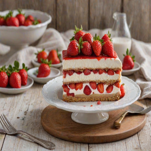 Create an image of a layered dessert featuring strawberries. The dessert should have a creamy texture with visible layers of cake and a strawberry topping. Include fresh strawberries on the side and place the dessert on a light-colored plate. The background should be a rustic wooden table.