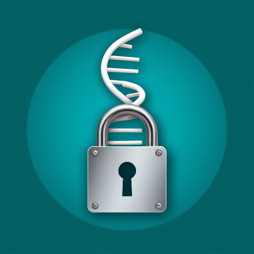 Create a high-resolution image of a stylized DNA double helix above a lock, set against a teal circular background, captured with a DSLR camera at f/8 aperture, ISO 100, 50mm lens, and a slight vignette for depth.