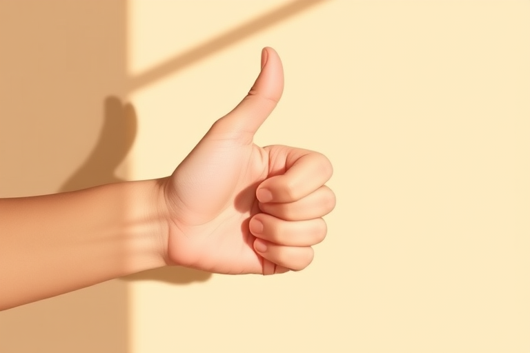 Create a high-resolution vector illustration of a thumbs-up hand gesture with a flat design style, using soft shadows and a color palette of warm tones, captured with a Canon EOS R5 at f/2.8, 1/100 sec shutter speed, ISO 100, in a top-down view with natural lighting.