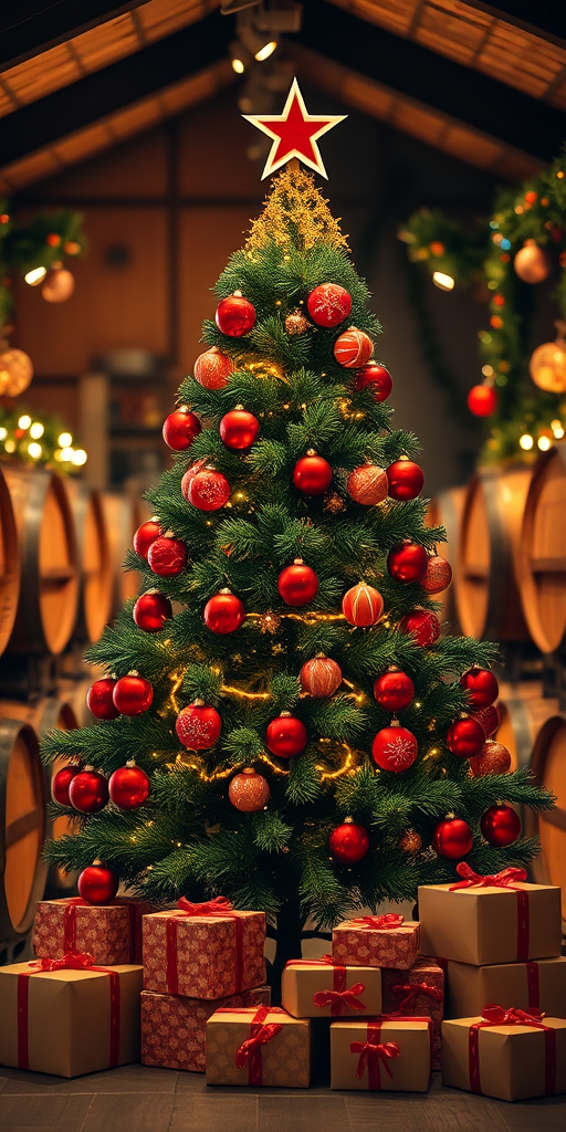 Generate an image of a festive Christmas scene featuring a beautifully decorated Christmas tree with red ornaments and a star on top. The tree is surrounded by wrapped presents and placed in a cozy setting with wooden barrels lining the walls. The background is illuminated with warm lighting, creating a cheerful holiday atmosphere.
