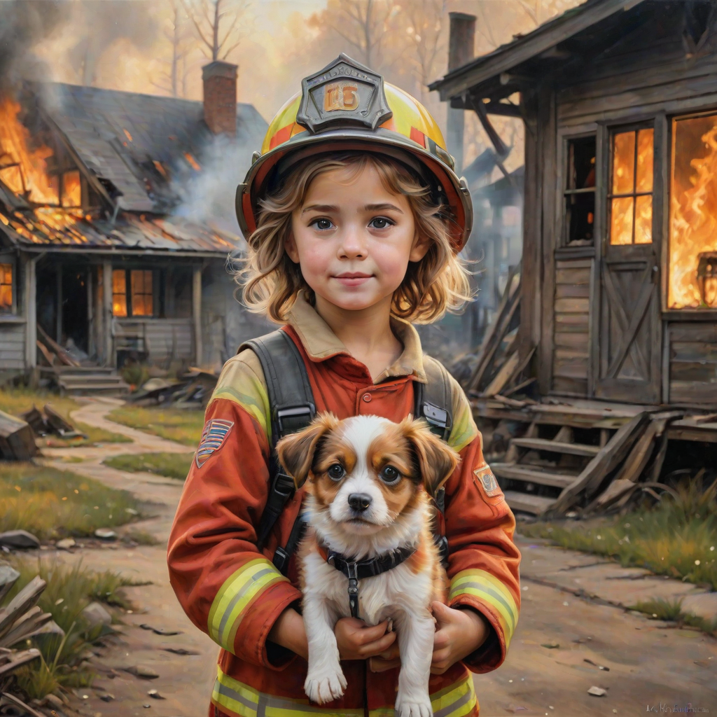 airbrushed oil painting, pixar style, cute little girl in fireman gear, helmet, tousled hair, expressive eyes, standing in the doorstep of a cottage burning behind him, holding a cute little dog in her arm, atumn sky