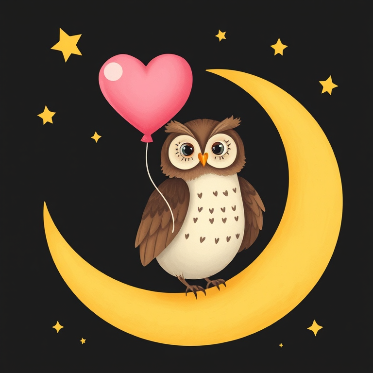 Create a whimsical illustration of an owl holding a pink heart-shaped balloon while perched on a crescent moon against a black background, with stars surrounding it, using a Canon EOS R5, 50mm lens, f/1.8 aperture, ISO 100, focused on the owl for sharp detail and vibrant colors.