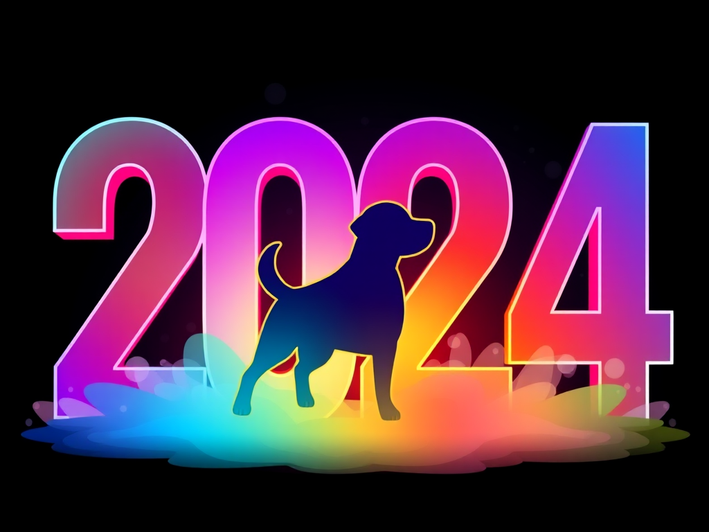 Create a vibrant digital illustration of the year 2024 with a playful dog silhouette in the center, designed in bold colors and dynamic gradients, ensure it has a dark background, use a high-resolution setting of 300 DPI, with a DSLR camera style, 50mm lens, and a focus on sharpness and clarity to enhance overall image quality.