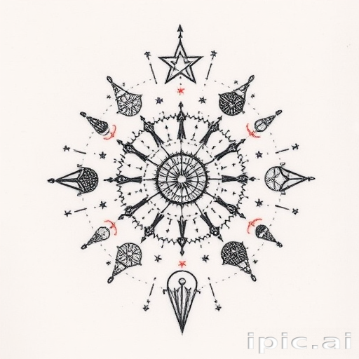 Dotwork tattoo design named "Celestial Constellations" portraying intricate star patterns and zodiac symbols created entirely with tiny dots, forming a mesmerizing galaxy-inspired piece
