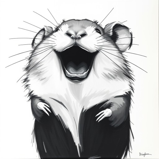 Abstract black and white acrylic portrait of an over exaggerated laughing (hamster). Minimalism style. White background.
