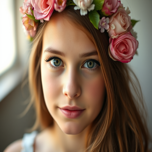 portrait of a young woman with a floral crown, soft diffused lighting, shallow depth of field, 85mm lens, f/1.8 aperture, ISO 200, natural light, taken with a DSLR camera, high-resolution detail