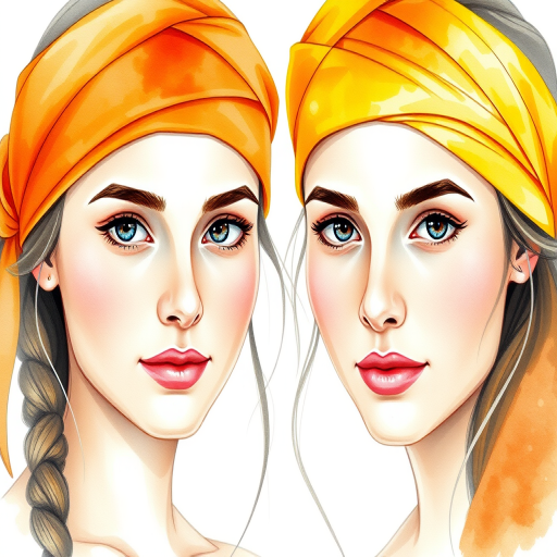 Create a high-resolution watercolor portrait of two young women with vibrant orange headbands, showcasing detailed facial features and a blend of soft pastels; use a DSLR camera, aperture f/2.8, ISO 100, 50mm lens for sharp focus, natural lighting, and a slight bokeh effect for an artistic touch.