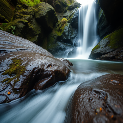 capture a serene waterfall scene with smooth water flow and moss-covered rocks, early morning light, ISO 100, f/8 aperture, 1/4 second shutter speed, wide-angle lens, DSLR camera, low angle perspective