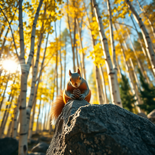 HD 8k close up of aspen trees , make the leaves have a bright but deep glowing effect, add black lines to highlight and detail the bark and leaves. The sun shines through a portion. Add some rock formations scattered throughout the forest area.  Place a squirrel close up on the rock formation. The view is eye level with the squirrel. The squirrel is cute and plump while he is trying to open a pine cone. Add a few dark green pine trees randomly.