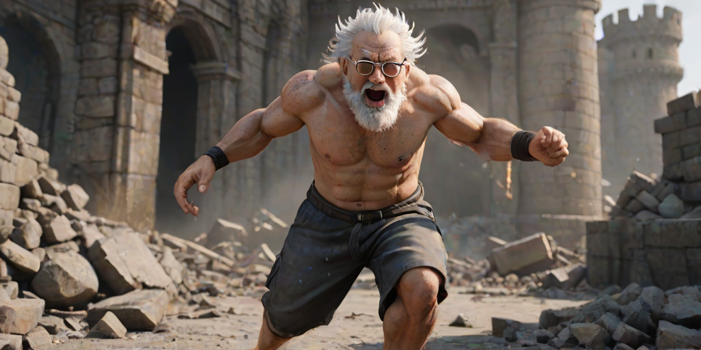 Cartoon 3D High-Resolution,dynamic battle scene using Unreal Engine 5 and Octane Render. The scene features back of an elderly, thai man with a beard,messy hair and round golden-rimmed glasses. He is wearing a tattered tank top with soot marks, shorts, and sandals. sweating. he wields a baseball bat. He jump to fight with a white fire-breathing Europe dragon amidst a partially destroyed stone castle. Include intense flames, smoke, and debris to enhance the dramatic effect.