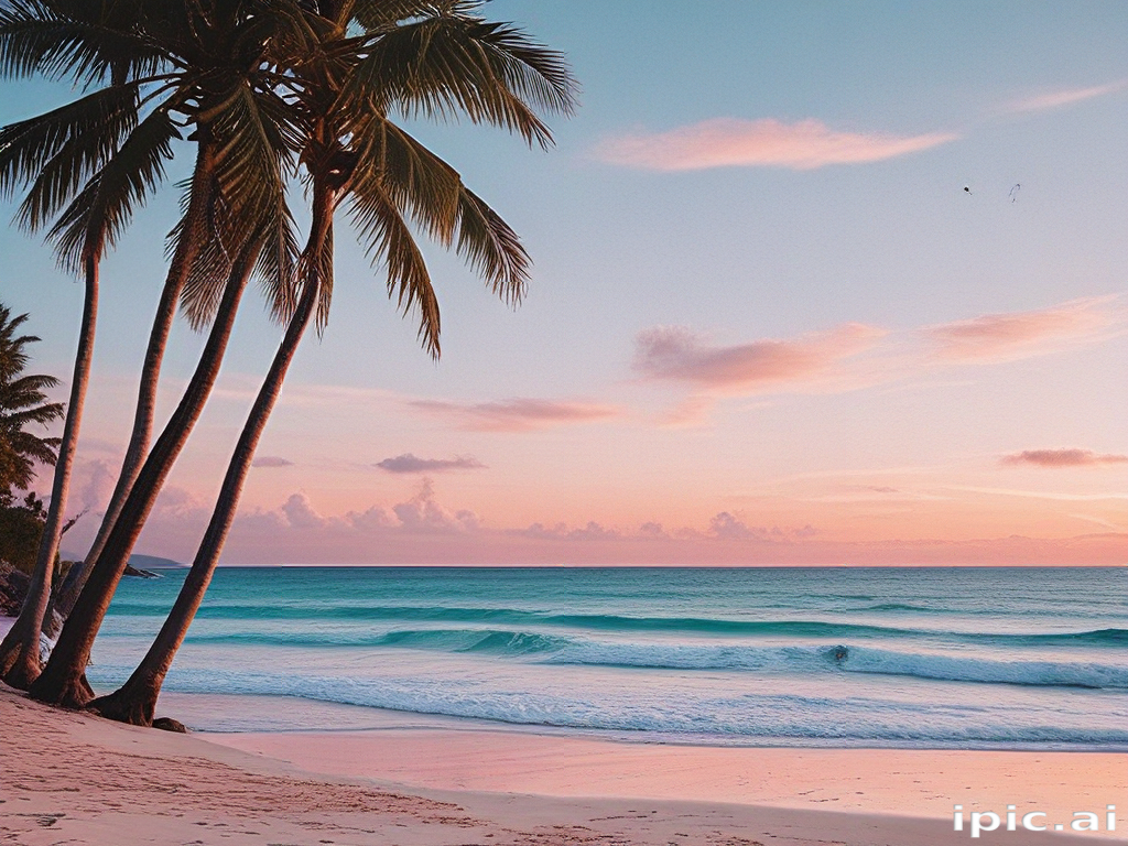 Tranquil Sunset Over Serene Beach with Palm Trees and Gentle Waves