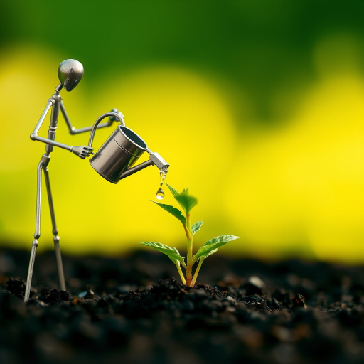 A metal figurine of a person, constructed from thin, silver rods, stands on the left side of the image, facing the viewer. The figurine is holding a small watering can and pouring water onto a young plant, with a few droplets in the air. The plant, with lush green leaves, is situated in the center, growing from dark soil. The background is a soft, out-of-focus blur of green, illuminated by warm, natural light.  The composition creates a sense of depth and intimacy. The image evokes feelings of growth, nurture, and hope.