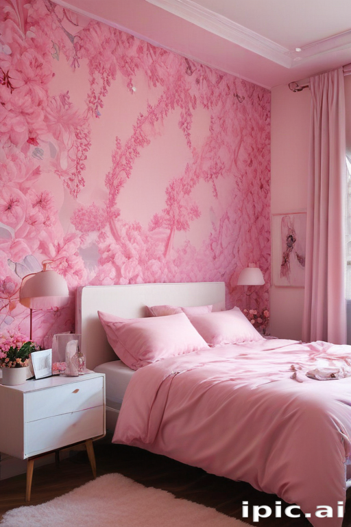 Charming Pink Bedroom with Floral Wallpaper and Cozy Bedding Decor