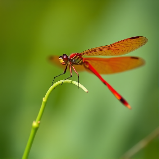 macro shot of a vibrant red dragonfly perched on a slender green stem with a softly blurred natural background, aperture f/2.8, shutter speed 1/200s, ISO 100, captured with a Canon EOS 90D using a 100mm macro lens, natural light, shallow depth of field for enhanced detail and clarity