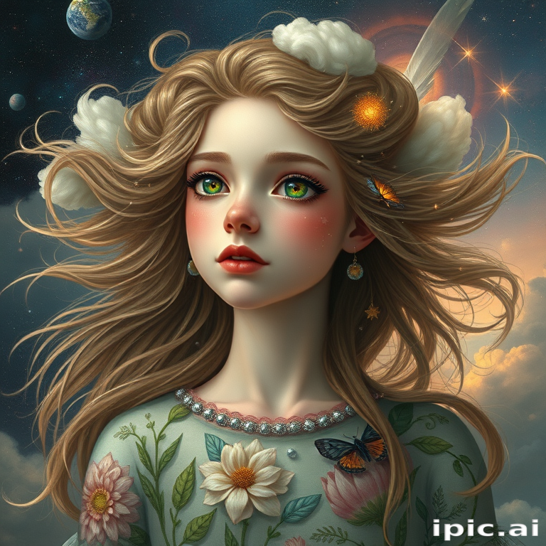 Create a series of imaginative portraits where each subject is infused with elements of fantasy and nature. The hair of the individuals should flow like clouds, varying from soft, fluffy cumulus to wispy cirrus strands, with hints of color reflecting a sunset or a clear blue sky. The eyes should be windows to entire galaxies, with stars, nebulae, and distant planets visible within them. Clothing should be adorned with nature motifs, such as floral patterns that bloom and change, vines that seem to grow and wrap around, or feathers that shimmer with iridescence. Each portrait should capture a unique personality, blending human features with the ethereal beauty of the natural and cosmic world. The backgrounds can vary, from starry night skies to enchanted forests, adding depth and context to the magical realism of the portraits