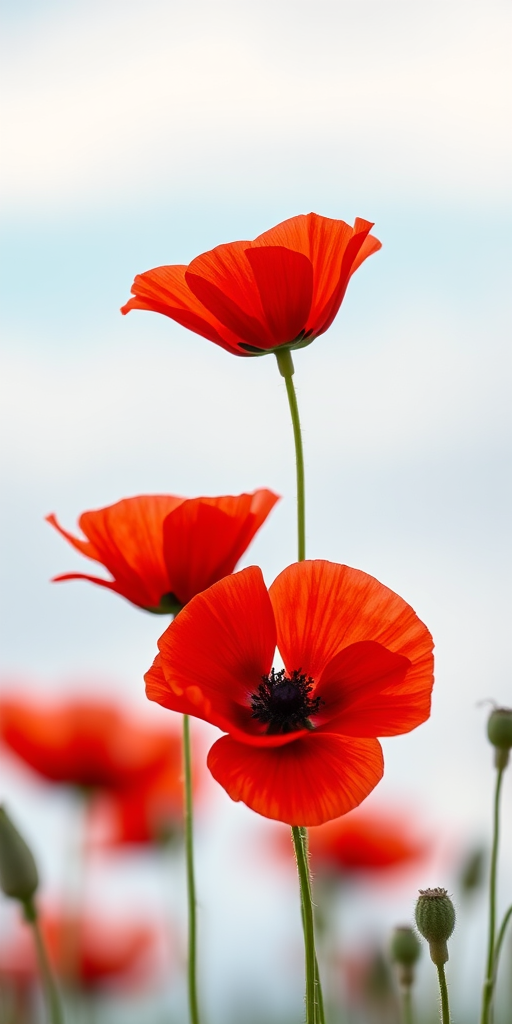 Capture two vibrant red poppies against a soft blue sky, using a Canon EOS 5D Mark IV with a 50mm lens, aperture f/2.8, shutter speed 1/2000s, ISO 100, focused on the flowers with a shallow depth of field.