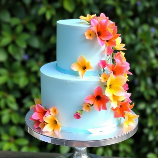 Create an image of a two-tiered cake with a light blue frosting. The cake should be adorned with colorful, delicate flowers in shades of pink, orange, and yellow, cascading down the sides. It should be displayed on a shiny silver cake stand, set against a lush green background.