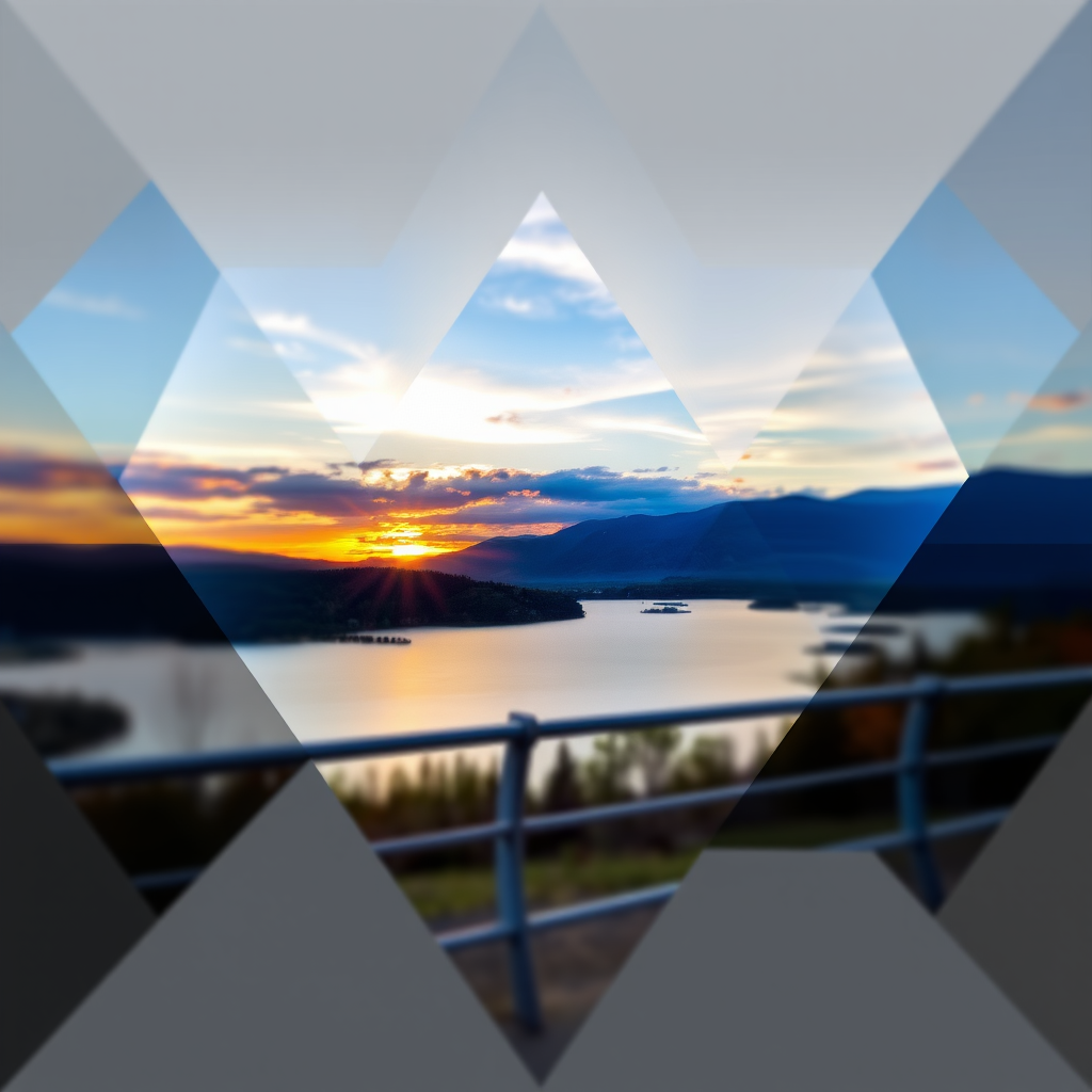 Generate a high-resolution abstract geometric landscape image of a sunset over a lake with a railing in the foreground, using a Canon EOS R5 camera, f/8 aperture, ISO 100, 24mm focal length, shot from eye level, and in HDR style.