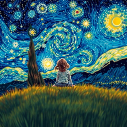 A young girl sitting on a grassy hill, looking up at the starry night sky painted in the style of Vincent Van Gogh's famous "Starry Night". The entire image is composed of tiny dots, giving it a dreamlike and illusionary quality. The girl is surrounded by vibrant colors and swirls in the sky, with stars twinkling above her