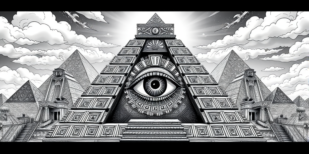 Create a detailed monochromatic illustration of an eye within a pyramid surrounded by intricate patterns and pyramids in the background, using a full-frame camera with a wide aperture of f/2.8, ISO 100, and a shutter speed of 1/125s for enhanced clarity, capturing a balanced composition with a slightly elevated perspective to emphasize depth.