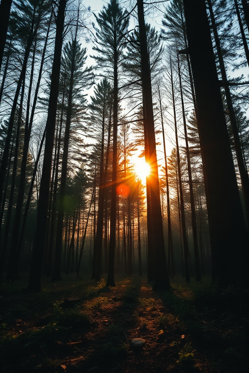 Create a high-resolution image of a forest scene during golden hour, with sunlight filtering through the trees, using a Canon EOS R5 camera, 24mm lens, f/2.8 aperture, ISO 100, 1/200 sec exposure, from a low-angle view to capture the depth and texture of the forest.