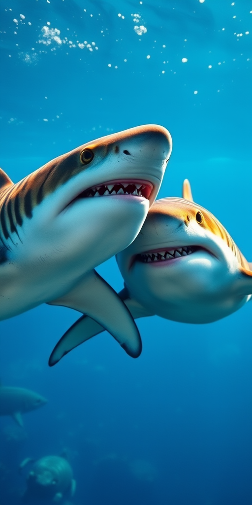 Create a high-resolution illustration of two realistic tiger sharks swimming side by side in clear water, use a Canon EOS 5D Mark IV with a 50mm lens at f/8,ISO 200, and a shutter speed of 1/200 sec, in a vibrant underwater setting with detailed textures and lighting.