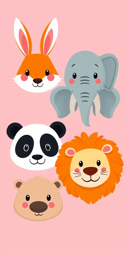 Create a digital illustration of six cartoon animal faces: a rabbit, a fox, an elephant, a panda, a lion, and a seal, on a pastel pink background, using a Canon EOS R5 with a 50mm lens, f/2.8 aperture, ISO 100, and natural light for enhanced clarity and color vibrancy, in a flat design style.