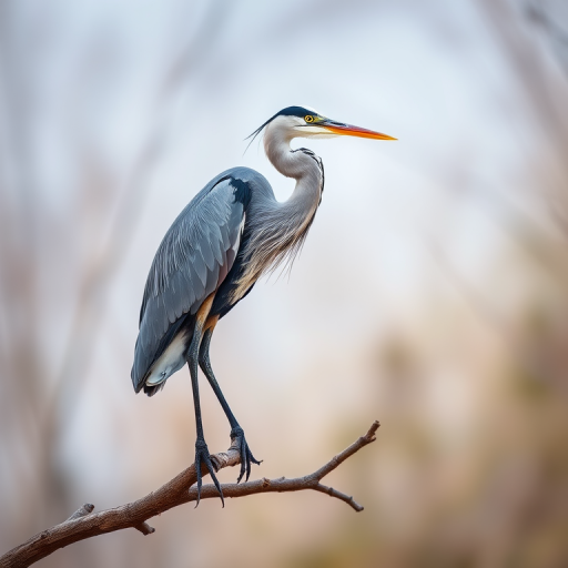 Capture a high-resolution image of a heron perched on a branch with a blurred background, using a DSLR camera set to f/5.6, 1/200s shutter speed, ISO 400, 200mm focal length, and natural lighting for enhanced detail and clarity.
