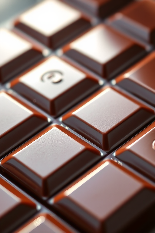 Generate an image of a chocolate bar with a glossy finish and high detail under soft natural lighting, use a 50mm lens at f/2.8, focus on the texture and shine, shot from a diagonal overhead angle.