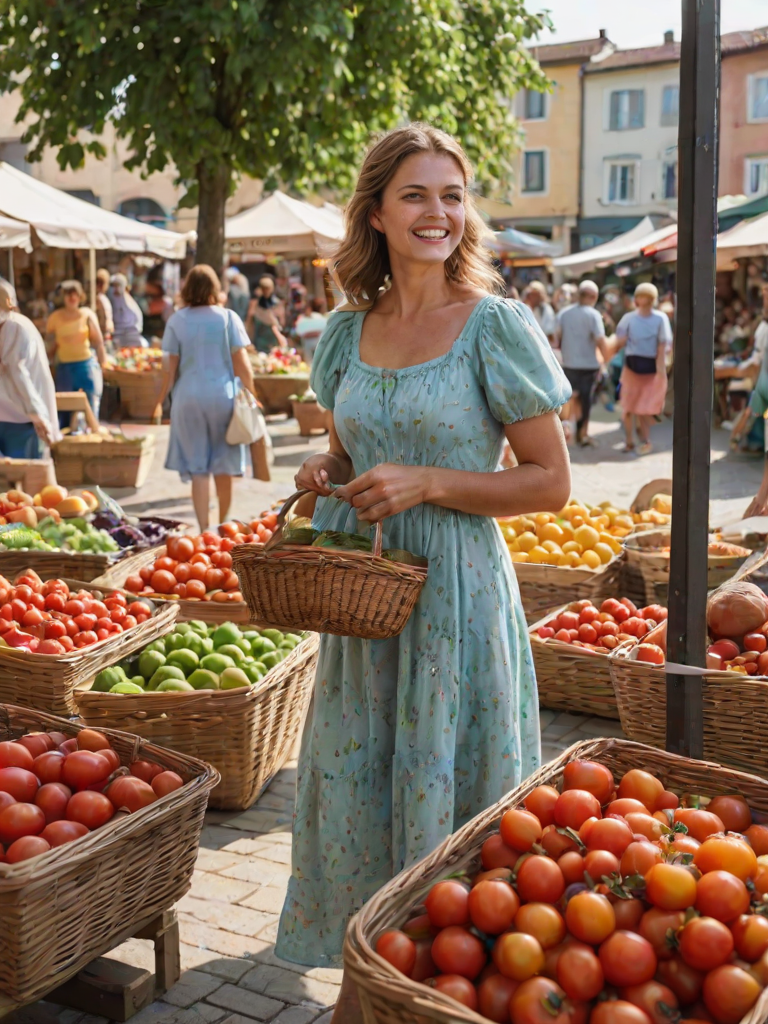 Charming market square in a small town, with colorful stalls selling fresh produce, a woman in a summer dress picks out ripe tomatoes, her basket already filled with local goods.