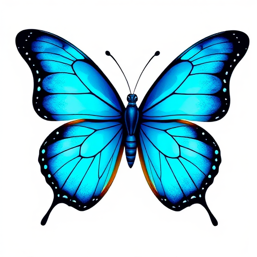 Create a vibrant and detailed illustration of a butterfly with bright blue wings. The wings should have a gradient effect, transitioning from a deep blue to a lighter shade. Include intricate black patterns along the edges and a smooth, elegant body. The background should be simple and unobtrusive to highlight the butterfly's beauty.