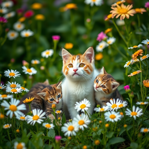 Capture a serene scene of a domestic cat with its three playful kittens in a vibrant flower garden filled with daisies and colorful blossoms, shot with a Canon EOS R5 at f/2.8, ISO 100, 50mm lens, in natural lighting and soft focus to enhance depth of field and detail.