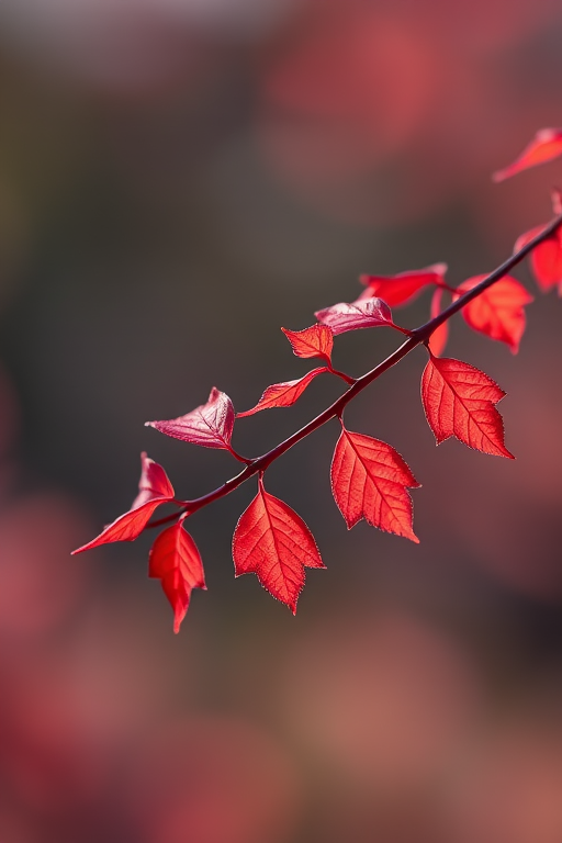 Create a high-resolution image of a delicate red leafy branch on a transparent background, captured with a Canon EOS 5D Mark IV at f/4, ISO 100, with a 50mm lens, using soft natural lighting and a shallow depth of field for enhanced detail and vibrancy.