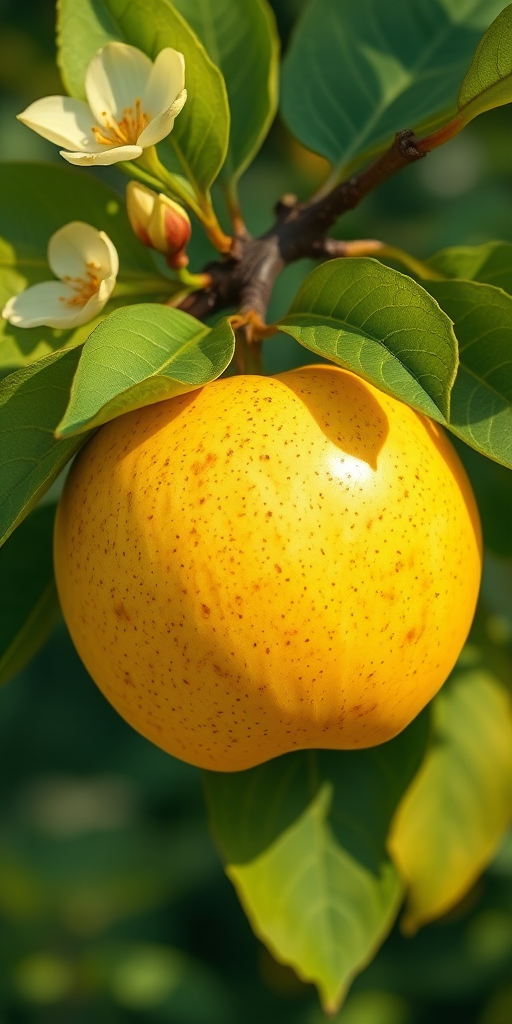 Regenerate a detailed, high-resolution illustration of a yellow apple on a branch with leaves and a flower, using a Canon EOS R5, ISO 100, f/8, 50mm lens, top-down view, with natural lighting for enhanced clarity and vibrancy.