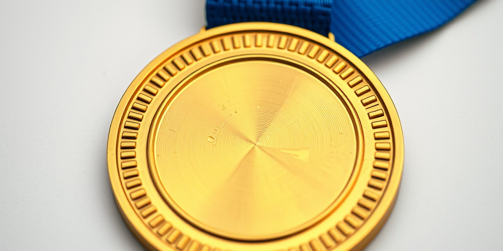 Generate a highly detailed gold medal with blue ribbons, focusing on a smooth surface finish, shot with a Canon EOS R5, 50mm lens, f/2.8 aperture, ISO 100, using a soft diffused lighting setup to enhance reflections and texture.