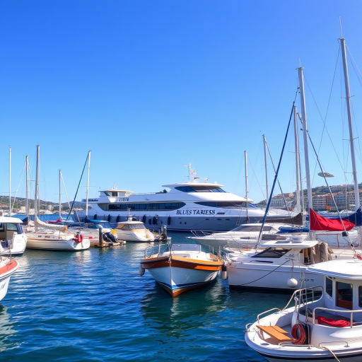 Capture a vibrant marina scene with a ferry named Blue Star Ferries docked in the background, surrounded by various boats, under a clear blue sky, using a DSLR camera with a 24-70mm lens at f/8, ISO 100, shutter speed 1/200 sec, taken from a low angle wide shot for enhanced depth and clarity.