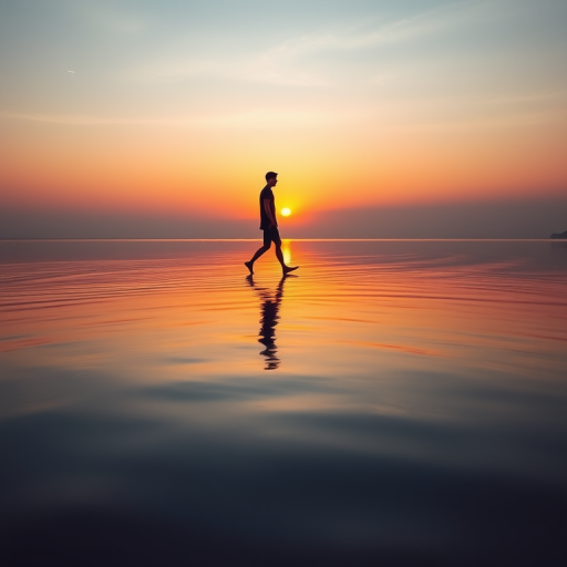 Create a serene image of a figure walking on water at sunrise with vibrant colors reflecting off the surface, using a Canon EOS R5, ISO 100, aperture f/8, shutter speed 1/200 sec, wide-angle lens, and a soft focus for a dreamlike quality.