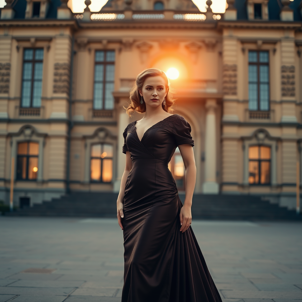 An elegant woman, dressed in a vintage gown, stands in front of a grand, historic building. The setting sun casts a warm, golden light on her