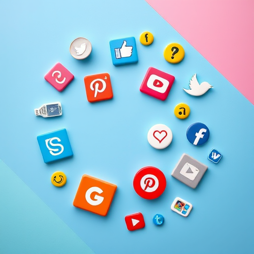 Create a vibrant flat lay image of various colored icons representing social media and technology on a light blue geometric background, using a Canon EOS R camera, 50mm lens, f/1.8 aperture, ISO 100, and natural daylight to enhance clarity and detail.
