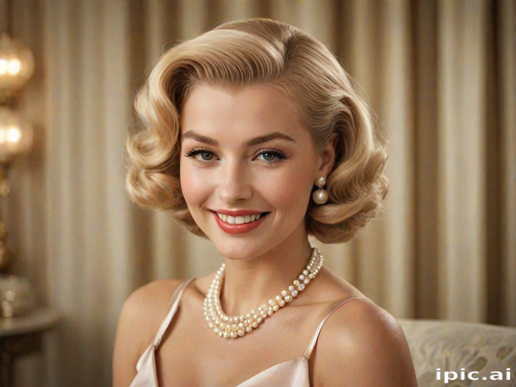 A beautiful woman reminiscent of 1950s Hollywood glamour, with perfectly styled blonde hair and a seductive smile, dressed in a satin blouse and adorned with pearls, soft and warm tones, photorealistic, 8K