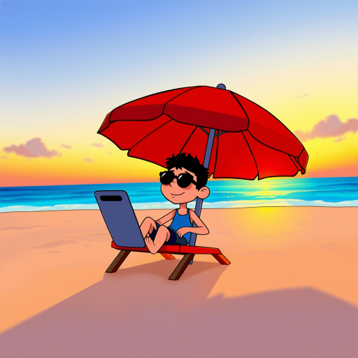 create a vibrant digital illustration of a cartoon character relaxing under a red beach umbrella on a sandy beach at sunset, using a wide-angle lens, f/8 aperture, 1/100 sec shutter speed, with a smooth gradient sunset background, soft lighting, and high contrast for enhanced details.
