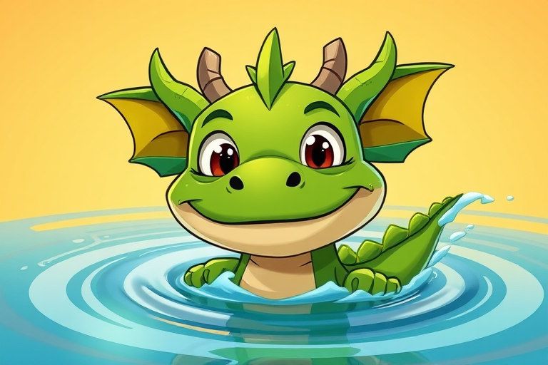 Create a vibrant cartoon-style illustration of a green dragon-like creature emerging from the water with exaggerated facial features and playful expressions, using a Canon EOS 5D Mark IV, aperture f/4, shutter speed 1/250 sec, ISO 100, 50mm lens, wide-angle view, vivid colors and smooth gradients in the background.