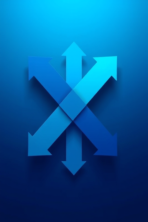 Create a vivid abstract graphic featuring three overlapping arrows in varying shades of blue, with a smooth gradient background transitioning from light to dark blue, captured with a Canon EOS R5 at f/8, ISO 100, 1/125s, in a landscape view with a professional digital art style.