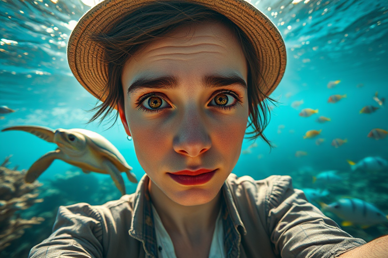 Realistic selfie image of a Middle Eastern, wearing a vintage outfit, detailed dreamy eyes, droopy hooded eyes, staring at the camera, taken underwater at coral reef with a sunbeam filtering through the water, vibrant, summer vacation, natural lighting, turtle and school of tropical fish with vibrant colors, rendered in the style of CryEngine, Pegi Nicol MacLeod, with realistic genre scenes, hauntingly beautiful narratives, ultra-realism, and Thomas Saliot's close-up technique, 8K resolution, crystal clear and sparkling water.