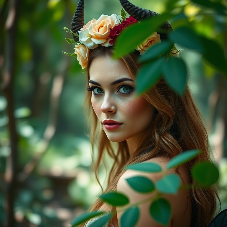 capture a fantasy portrait of a woman with horns and floral headpiece in a lush forest setting, natural light, f/2.8 aperture, 50mm lens, shallow depth of field, soft focus, DSLR camera
