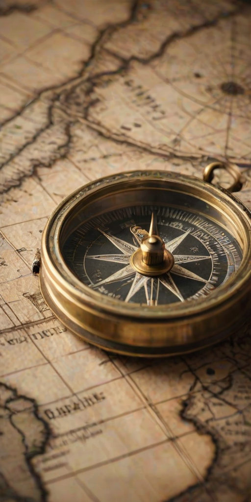 Sharp, detailed close-up of an antique compass resting on a weathered map, soft light reflecting off its brass surface, tiny details of the map's markings visible, and the feeling of adventure and exploration.