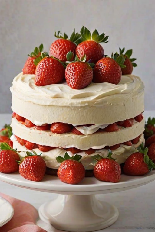 Create an image of a layered cake with fresh strawberries on top. The cake should have a light cream frosting, and one slice should be cut out to show the layers filled with strawberries and cream. The background should be simple and bright, emphasizing the cake's features.